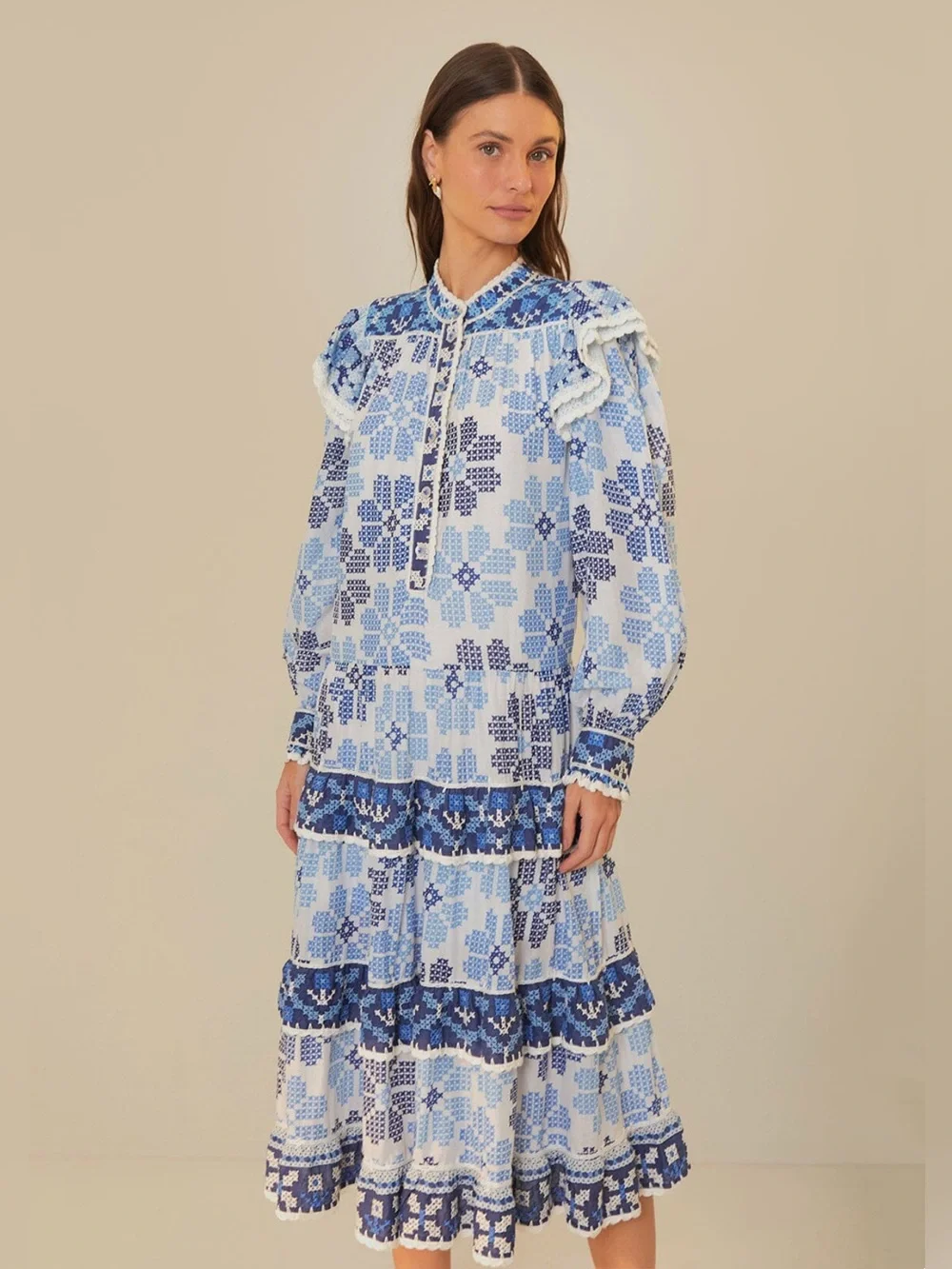 Farm Rio Off-White Stitched Flowers And Girls Midi Dress - Picture 1 of 11